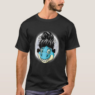 Blaue Dinosaurier-Frauen mit zerzauster Bun-Frisur T-Shirt