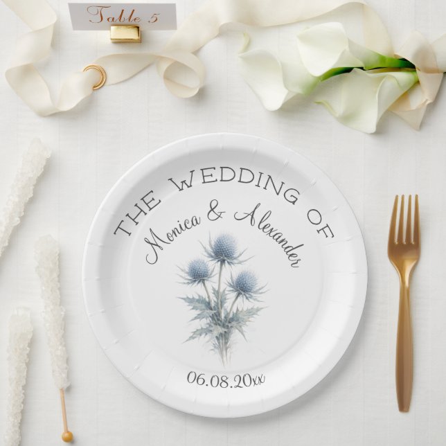 Blaue Distel Blumen Hochzeit schottischer Wasserfa Pappteller (Hochzeit)