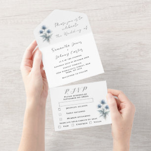 Blaue Distel Schottische Einfache Florale Hochzeit All In One Einladung