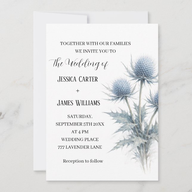 Blaue Distel Schottland Einfache Hochzeit Einladung (Vorderseite)