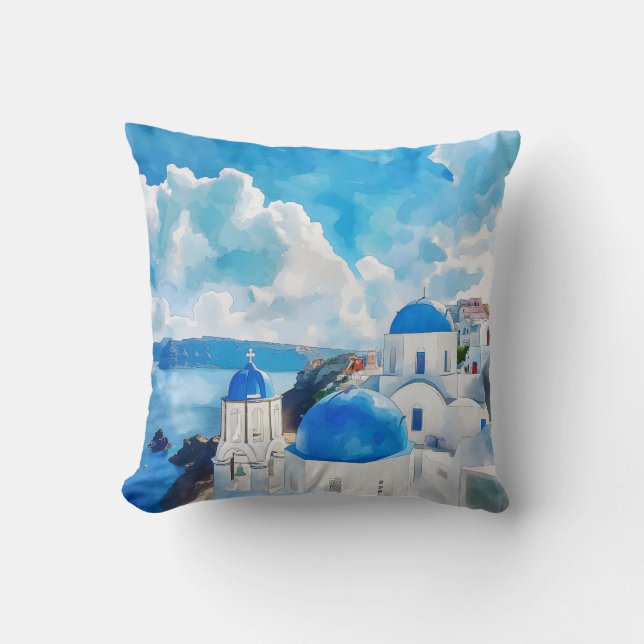 "Blaue Domes von Santorin - Wasserfarben Kunst" Kissen (Vorderseite)