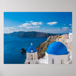 Blaue Domes von Santorini Poster