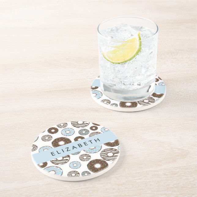 Blaue Donuts, braune Donuts, Sprinklen, Ihr Name Getränkeuntersetzer (Seite)