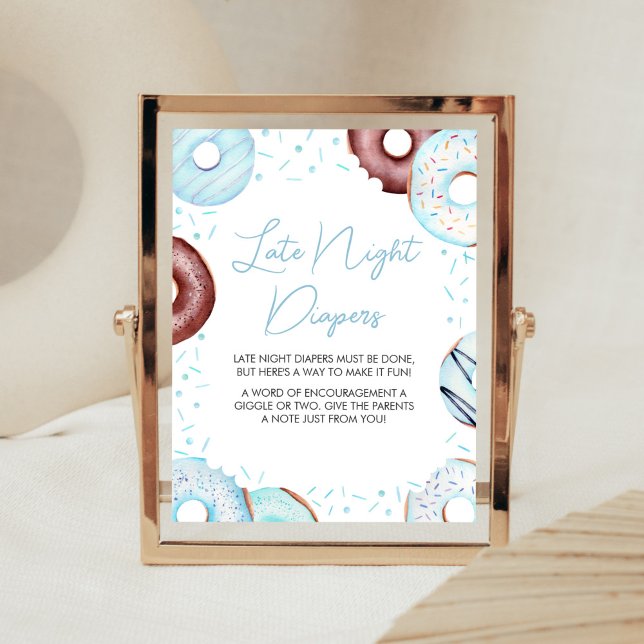Blaue Donuts und Windeln Spätabenteuer Poster (Donuts and Diapers Baby Shower Late Night Diapers Sign)