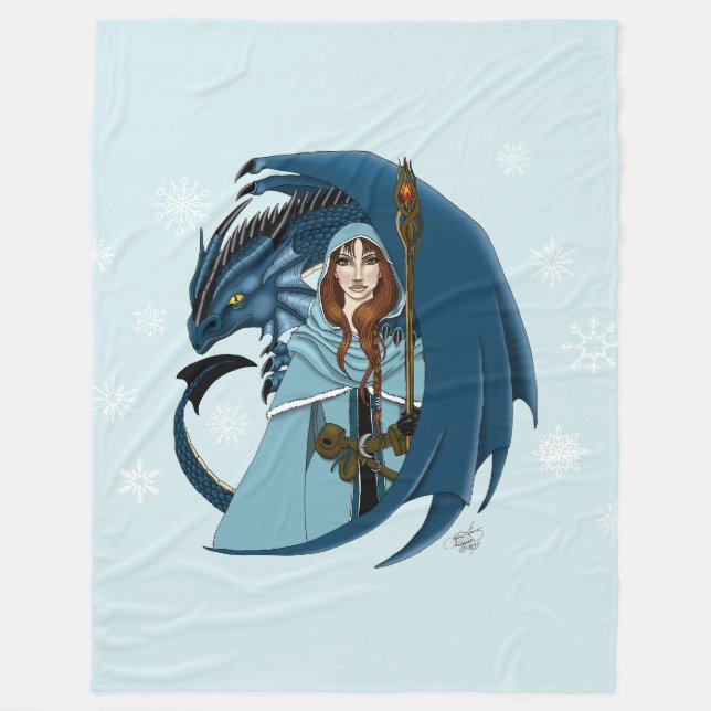  Blaue Drachen-Zauberin Schneeflocken Fleecedecke (Vorderseite)