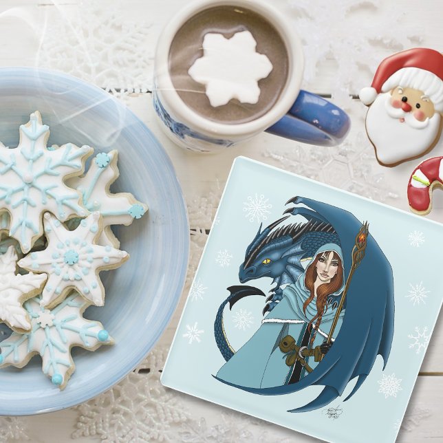  Blaue Drachen-Zauberin Schneeflocken Glasuntersetzer (Von Creator hochgeladen)