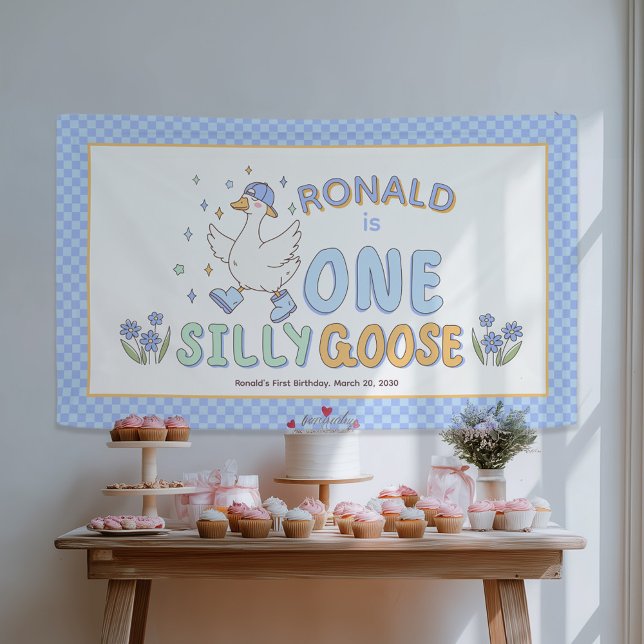 Blaue dumme Gans - Hintergrund für den ersten Gebu Banner (Blue One Silly Goose - Retro style Girl First Birthday Backdrop Banner- 1st Birthday decor.)