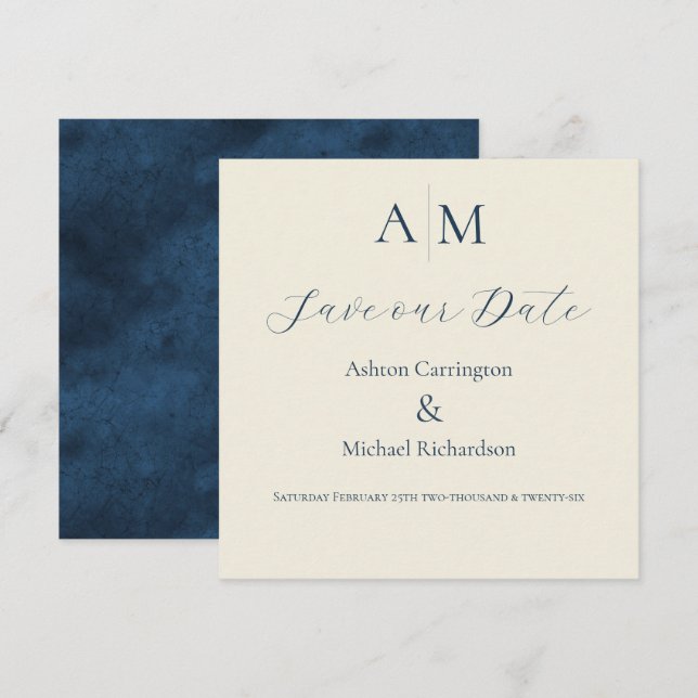 Blaue Ecru-Monogramm-Moderne Hochzeit  Save The Date (Vorne/Hinten)