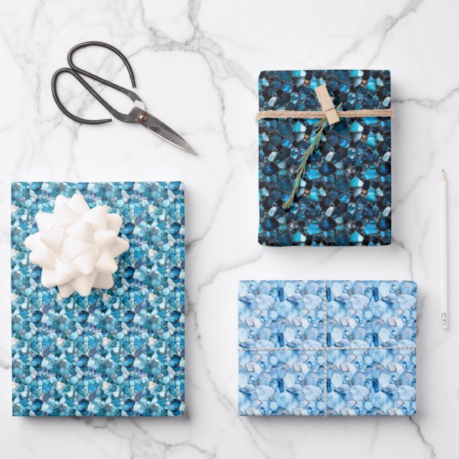 Blaue Edelsteine Geschenkpapier Set (Vorderseite)