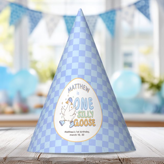 Blaue Eine Dumme Gans-Retro Junge Erster Geburtsta Partyhütchen (Blue One Silly Goose-Retro Boy First Birthday Party Hat. Spring Silly Goose Themed 1st Birthday Hat)
