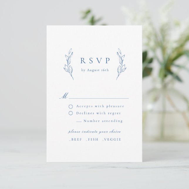 Blaue, einfache botanische Hochzeitskarte RSVP (Stehend Vorderseite)