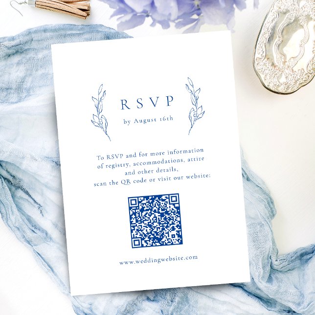 Blaue, einfache Eleganz, botanischer QR-Code Hochz RSVP Karte (Blue simple elegance botanical QR code wedding RSVP Card)
