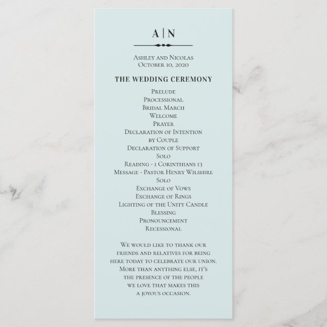 Blaue, einfache Hochzeit. Elegante klassische Typo Programm (Vorderseite)