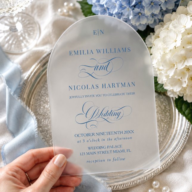 Blaue einfache Monogramm-Klassiker-Hochzeit  Acryleinladungen (Von Creator hochgeladen)