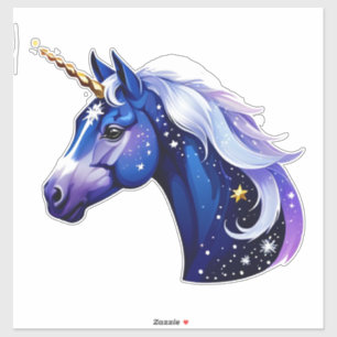 Blaue Einhorn-Kopfporträt im sternenklaren Nachthi Aufkleber