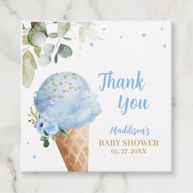 Blaue Eiscreme-Baby-Shower-Quadrat Geschenkanhänger (Vorderseite)