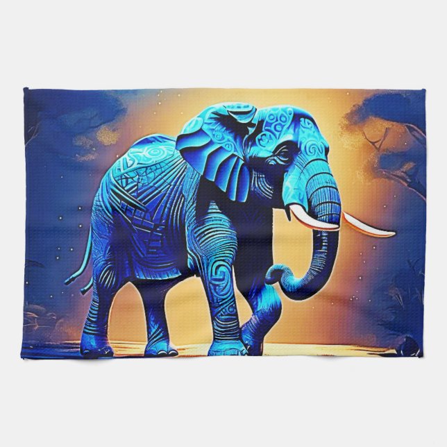 Blaue Elefant-Glow-Design  Geschirrtuch (Horizontal)