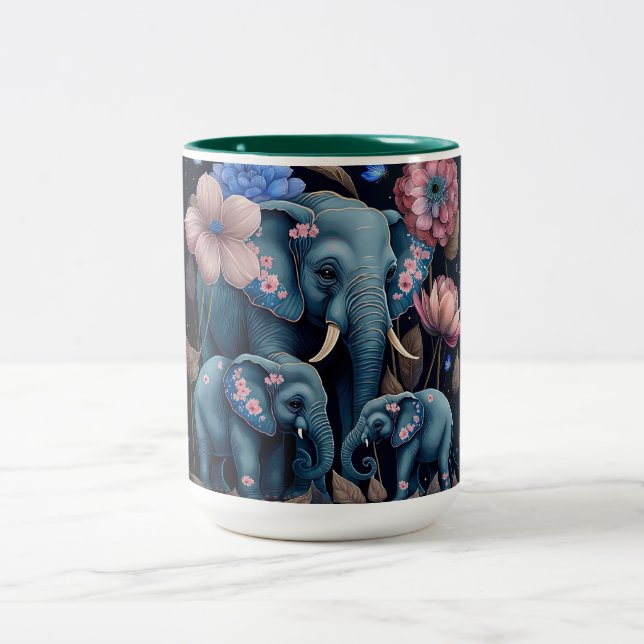 Blaue Elefanten und rosa Blume Zweifarbige Tasse (Mittel)