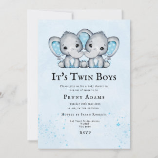 Blaue Elefanten-Zwillinge Baby Shower Einladung 