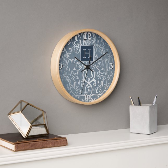 Blaue Elegant-Monogram-Uhr Geblüht Uhr (Büro)