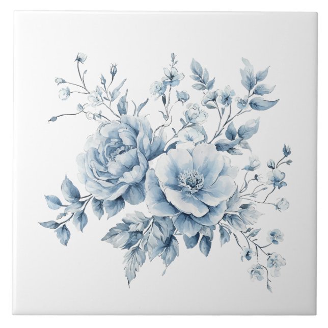 Blaue elegante Blumen Vintage-Design Fliese (Vorderseite)