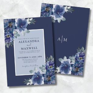 Blaue Elegante Botanische Aquarell Blumen Hochzeit Einladung