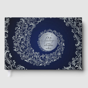 Blaue elegante Damast-Hochzeit Gästebuch