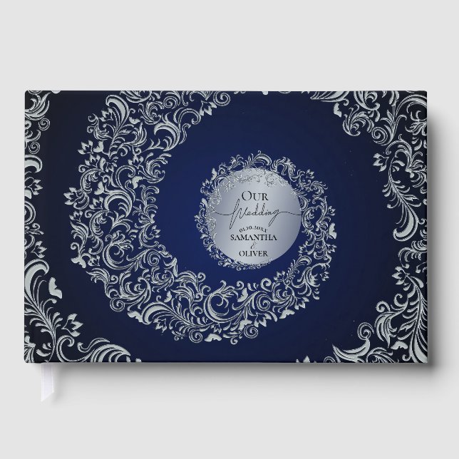 Blaue elegante Damast-Hochzeit Gästebuch (Vorderseite)