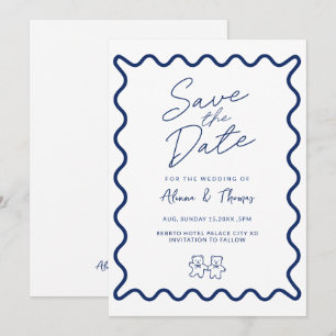 Blaue elegante Doodle-Rahmen Save the Date Einladung