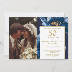 Blaue elegante Floral-50-Jahrestag-Foto Einladung