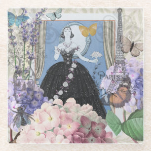 Blaue elegante Frau Blumen-Kleid Glasuntersetzer