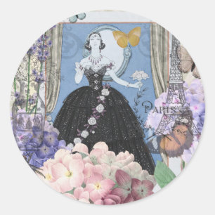 Blaue elegante Frau Blumen-Kleid  Runder Aufkleber