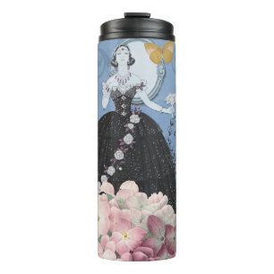 Blaue elegante Frau Blumen-Kleid Thermosbecher