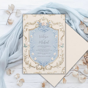 Blaue elegante Hochzeit mit Goldrahmen-Blumen Einladung