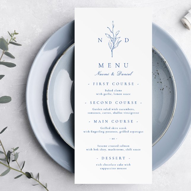 Blaue, elegante, monogrammatische Hochzeit Menükarte (Blue simple elegant botanical monogram wedding menu)