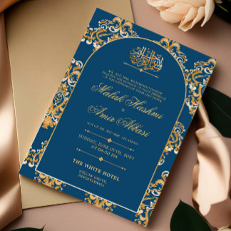 Blaue Elegante Muster Gold Islamische Hochzeit Einladung