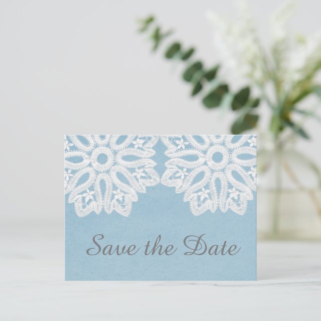 Blaue Elegante Spitze Save the Date Postkarte (Stehend Vorderseite)