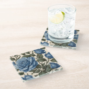 Blaue Eleganz: Vintage Rose der Provinz im Blut Glasuntersetzer