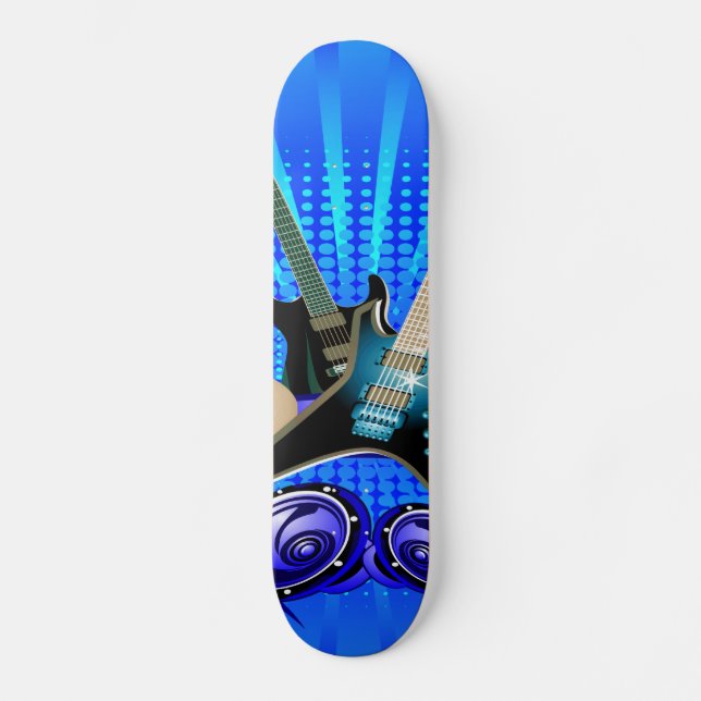 Blaue elektrische Gitarren, Trommeln u. Skateboard (Vorderseite)
