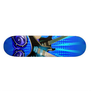 Blaue elektrische Gitarren, Trommeln u. Skateboard