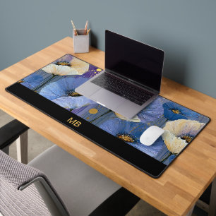 Blaue Elfenbein-Blumen Gold Luxus-Monogramm Schreibtischunterlage
