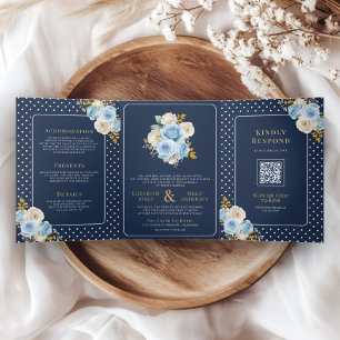 Blaue Elfenbein Blumenrosen Alles in Einem Navy Ho Dreifach Gefaltete Einladung