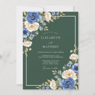 Blaue Elfenbein-Botanik-Swirle-Hochzeit Einladung
