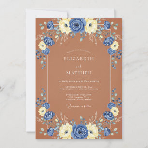 Blaue Elfenbein-Romanische Blumenhochzeit Einladung