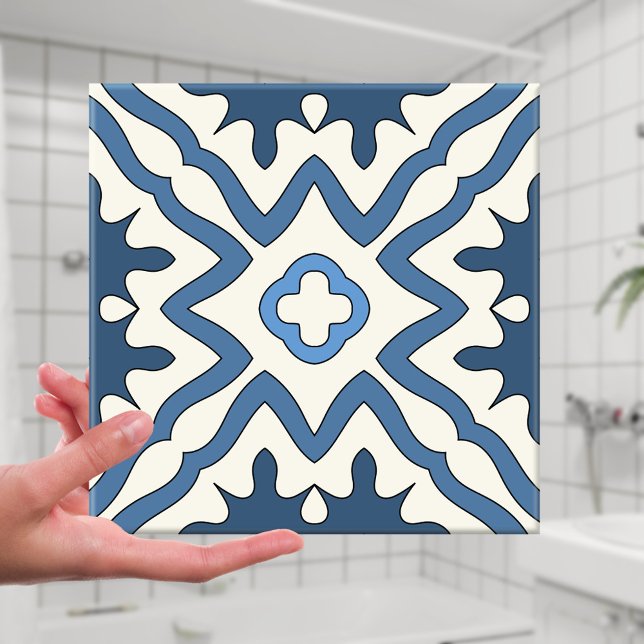 Blaue Elfenbeingriechisch Inspirierte geometrische Fliese (Abstract geometric design Mediterranean bathroom tile in different shades of blue with ivory)