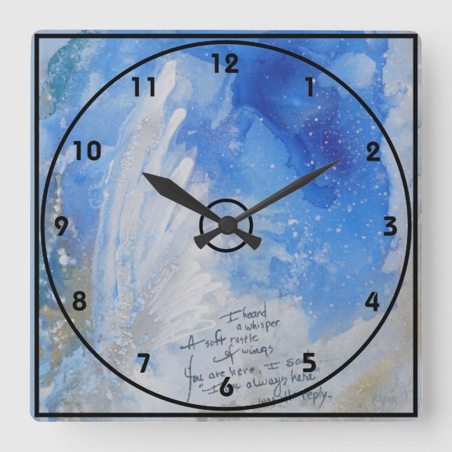 Blaue Engelflügel, sanft präsentiert Aquarellfarbe Quadratische Wanduhr (Vorderseite)