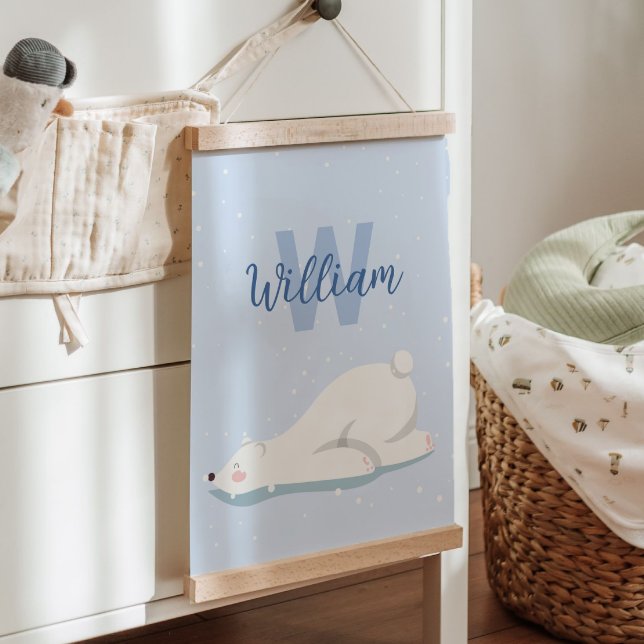 Blaue erste Winterpolar-Kinderzimmer-Wanddekoratio Wandteppich Mit Holzrahmen (Blue Initial Winter Polar Bear Nursery Wall Decor Hanging Tapestry)
