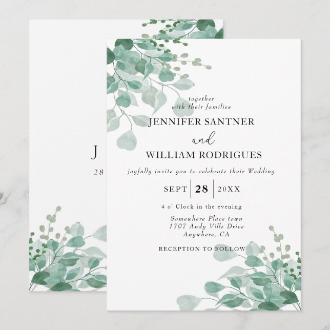 Blaue Eukalyptus-Blattblüte Hochzeit Einladung (Vorne/Hinten)