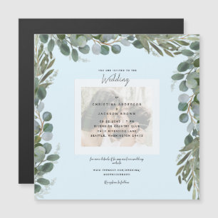 Blaue Eukalyptus-Blattwerk-Foto-Hochzeit Magneteinladung