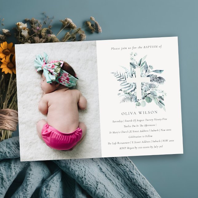 Blaue Eukalyptus Fauna Cross Foto Taufe einladen Dankeskarte (Von Creator hochgeladen)